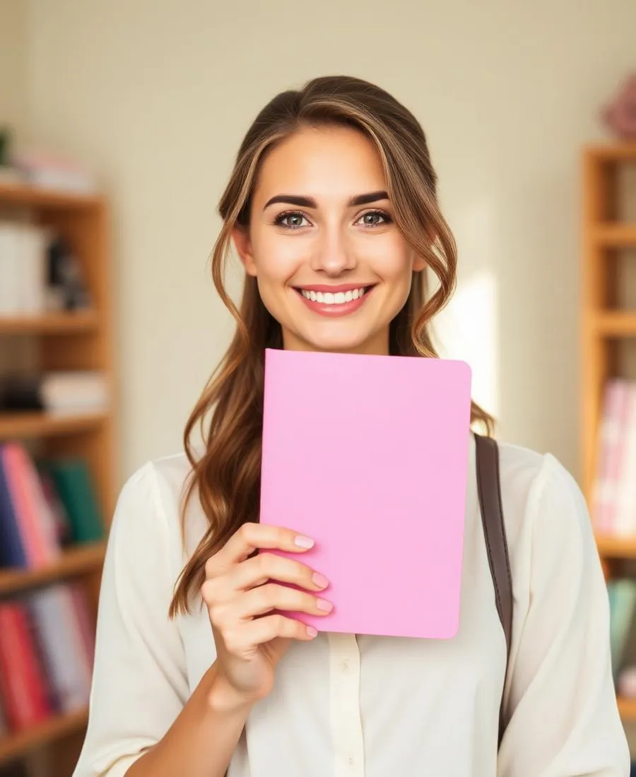 Profesora sosteniendo un cuaderno rosa